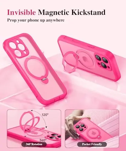 BERFY for iPhone 16 Pro Case, Compatible with MagSafe, Built in Privacy Screen Protector, Shockproof Full Body Phone Case for 16 Pro with Magnetic Stand, Translucent Hot Pink - BERFY (1)