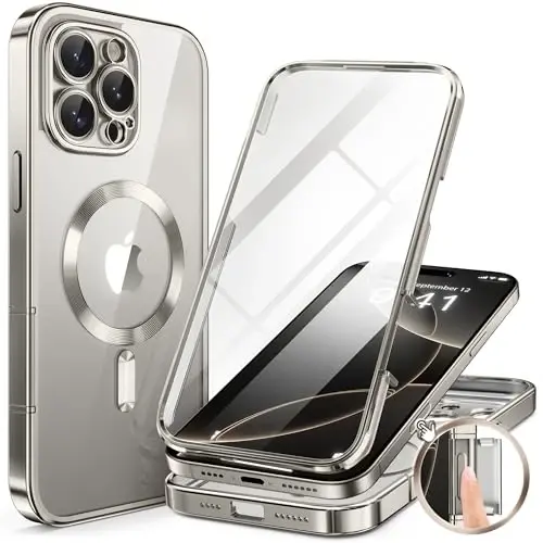 BERFY iPhone 16 Pro Max G‘ilof, MagSafe bilan mos keladi, o‘rnatilgan shisha ekran himoyachisi, kamera himoyasi, zarbaga chidamli to‘liq tana telefon g‘ilofi 6.9