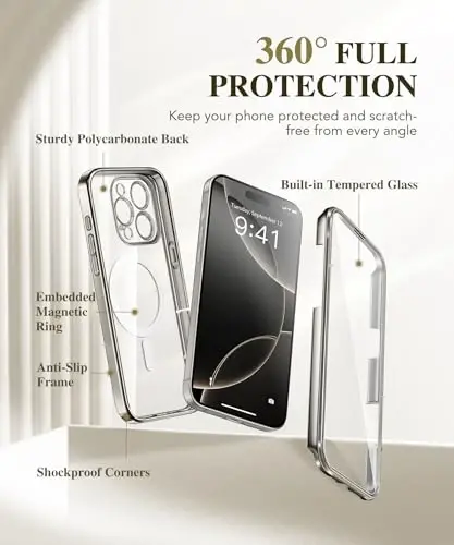 BERFY iPhone 16 Pro Max G‘ilof, MagSafe bilan mos keladi, o‘rnatilgan shisha ekran himoyachisi, kamera himoyasi, zarbaga chidamli to‘liq tana telefon g‘ilofi 6.9