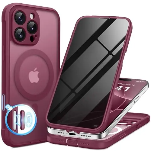 BERFY for iPhone 16 Pro Max Case, Compatible with Magsafe, Deep Red | Built-in Privacy Screen Protector, Full Camera Protection, Shockproof Full Body Translucent Matte Magnetic Phone Case 6.9