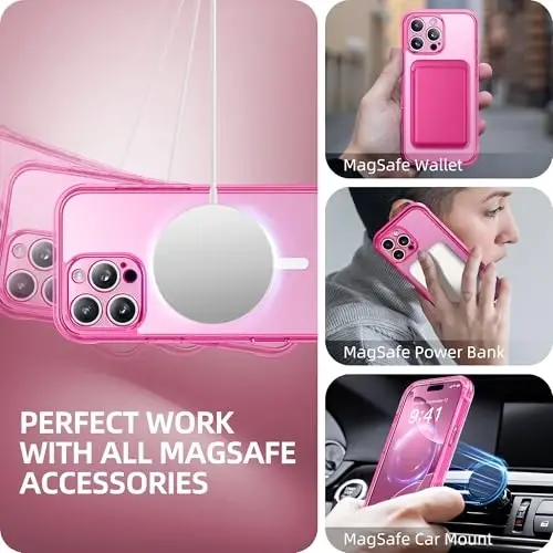BERFY for iPhone 16 Pro Max Case, Compatible with MagSafe, Bright Pink | Built-in Screen Protector, Full Camera Protection, Shockproof Full Body Magnetic Clear Phone Case 6.9