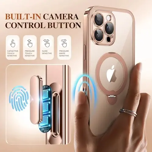 BERFY for iPhone 16 Pro Max Case, Compatible with MagSafe, Rose Gold | Built in Screen Protector, Full Camera Protection, Shockproof Full Body Clear Phone Case with Magnetic Stand 6.9
