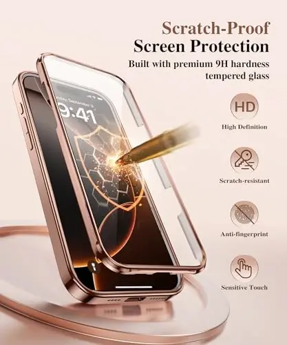 BERFY for iPhone 16 Pro Max Case, Compatible with MagSafe, Rose Gold | Built in Screen Protector, Full Camera Protection, Shockproof Full Body Clear Phone Case with Magnetic Stand 6.9