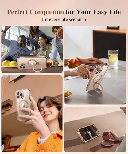 BERFY for iPhone 16 Pro Max Case, Compatible with MagSafe, Rose Gold | Built in Screen Protector, Full Camera Protection, Shockproof Full Body Clear Phone Case with Magnetic Stand 6.9