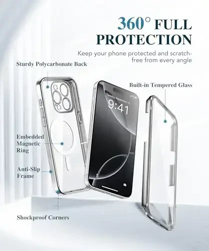 BERFY iPhone 16 Pro uchun gʻilof, MagSafe bilan mos, oʻrnatilgan 9H temperli ekran himoyachisi va kamera himoyasi, 16 Pro 6.3