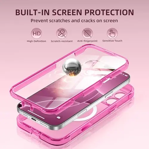 BERFY iPhone 16 Pro uchun gʻilof, MagSafe bilan mos, oʻrnatilgan 9H закалённое stakan ekran himoyachisi va kamera himoyasi, toʻliq korpusli zarbaga chidamli tiniq telefon gʻilofi 16 Pro 6.3