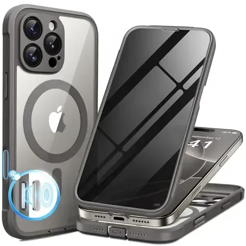 BERFY iPhone 16 Pro uchun g'ilof, MagSafe bilan mos, o'rnatilgan maxfiylik ekran himoyachisi va kamera himoyasi, casuslikka qarshi zarbga chidamli shaffof telefon g'ilofi 16 Pro 6.3