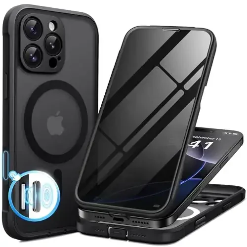 BERFY iPhone 16 Pro uchun g'ilof, MagSafe bilan mos, o'rnatilgan maxfiylik ekrani himoyachisi va kamera himoyasi, Anti-Spy zarbga chidamli mat telefon g'ilofi 16 Pro 6.3