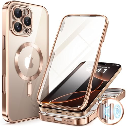BERFY iPhone 16 Pro uchun MagSafe bilan mos keladigan magnitli sumkasi, ichki 9H toʻliq isitilgan shisha himoyasi va yangilangan kamera himoyasi, jami tanasi 16 Pro 6.3 uchun sirlangan, choʻl oltin - BERFY (1)