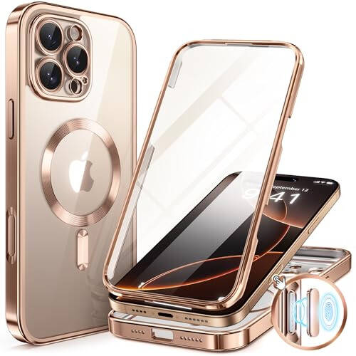 BERFY iPhone 16 Pro uchun MagSafe bilan mos keladigan magnitli sumkasi, ichki 9H toʻliq isitilgan shisha himoyasi va yangilangan kamera himoyasi, jami tanasi 16 Pro 6.3 uchun sirlangan, choʻl oltin - 2
