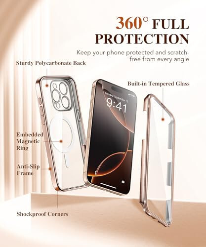 BERFY iPhone 16 Pro uchun MagSafe bilan mos keladigan magnitli sumkasi, ichki 9H toʻliq isitilgan shisha himoyasi va yangilangan kamera himoyasi, jami tanasi 16 Pro 6.3 uchun sirlangan, choʻl oltin - 4