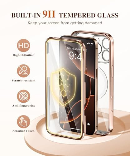 BERFY iPhone 16 Pro uchun MagSafe bilan mos keladigan magnitli sumkasi, ichki 9H toʻliq isitilgan shisha himoyasi va yangilangan kamera himoyasi, jami tanasi 16 Pro 6.3 uchun sirlangan, choʻl oltin - 6