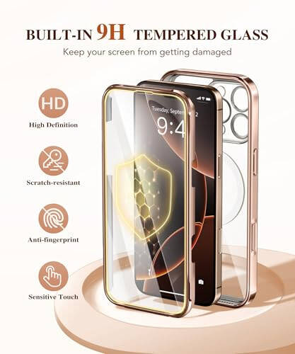 BERFY iPhone 16 Pro uchun MagSafe bilan mos keladigan magnitli sumkasi, ichki 9H toʻliq isitilgan shisha himoyasi va yangilangan kamera himoyasi, jami tanasi 16 Pro 6.3 uchun sirlangan, choʻl oltin - 6