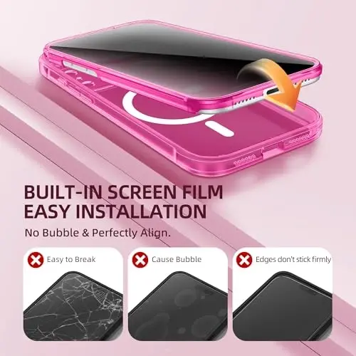 BERFY iPhone 17 Pro gʻilofi, MagSafe bilan mos keladi, oʻrnatilgan maxfiylik ekran himoyachisi, kamera himoyasi, zarbaga chidamli toʻliq tana telefoni gʻilofi 6.3 dyuym, tiniq och pushti 