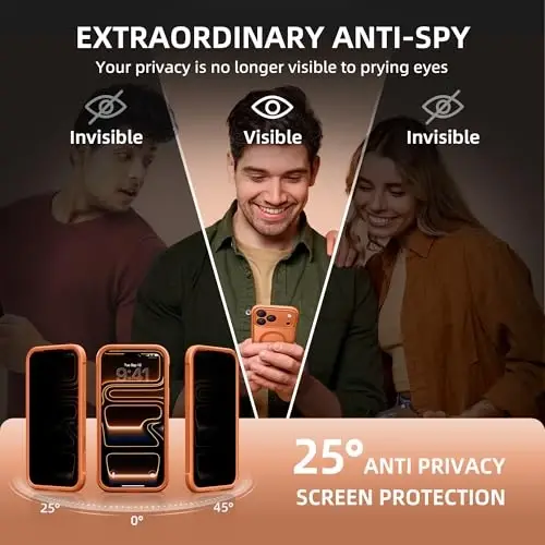 BERFY iPhone 17 Pro gʻilofi, MagSafe bilan mos keladi, oʻrnatilgan maxfiylik ekran himoyasi, kamera himoyasi, zarbaga chidamli toʻliq korpusli telefon gʻilofi 6.3 dyuym, yarim shaffof kosmik toʻq sariq - 3