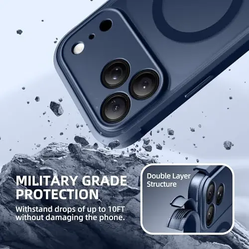 BERFY iPhone 17 Pro gʻilofi, MagSafe bilan mos keladi, oʻrnatilgan shisha ekran himoyasi, kamera himoyasi, zarbaga chidamli toʻliq korpusli telefon gʻilofi 6.3 dyuym, yarim shaffof toʻq koʻk 