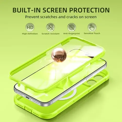 BERFY iPhone 17 Pro gʻilofi, MagSafe bilan mos keladi, oʻrnatilgan shisha ekran himoyasi, kamera himoyasi, zarbaga chidamli toʻliq korpusli telefon gʻilofi 6.3 dyuym, yarim shaffof yorqin yashil - 4