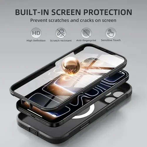 BERFY iPhone 17 Pro G‘ilofi, MagSafe bilan mos keladi, O‘rnatilgan shisha ekran himoyasi, Kamera himoyasi, Zarbaga chidamli to‘liq tana telefon g‘ilofi 6.3