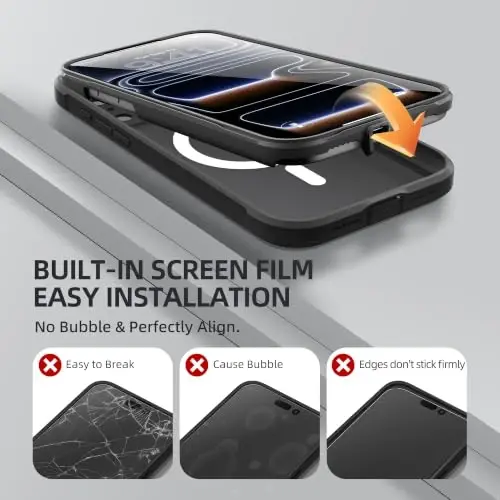 BERFY iPhone 17 Pro G‘ilofi, MagSafe bilan mos keladi, O‘rnatilgan shisha ekran himoyasi, Kamera himoyasi, Zarbaga chidamli to‘liq tana telefon g‘ilofi 6.3