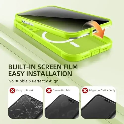 BERFY for iPhone 17 Pro Case, Compatible with Magsafe, Bright Green | Built-in Privacy Screen Protector, Full Camera Protection, Shockproof Full Body Translucent Matte Magnetic Phone Case 6.3