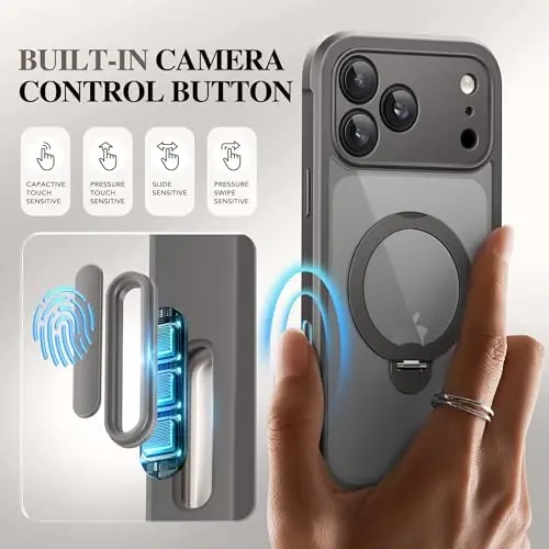 BERFY for iPhone 17 Pro Case, Compatible with MagSafe, Graphite | Built in Privacy Screen Protector, Full Camera Protection, Shockproof Full Body Clear Phone Case with Magnetic Stand 6.3