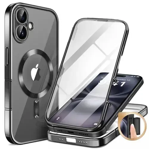 BERFY Magnetic for iPhone 16 Case, Compatible with Magsafe, Built-in 9H Tempered Glass Screen Protector & Upgraded Camera Protection, Full Body Plating Shockproof Phone Case for 16 6.1