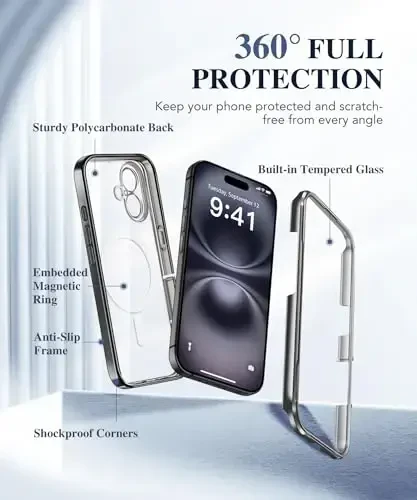 BERFY Magnetic for iPhone 16 Case, Compatible with Magsafe, Built-in 9H Tempered Glass Screen Protector & Upgraded Camera Protection, Full Body Plating Shockproof Phone Case for 16 6.1