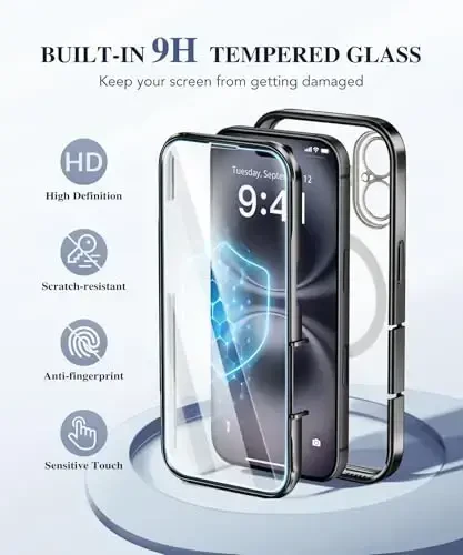 BERFY Magnetic for iPhone 16 Case, Compatible with Magsafe, Built-in 9H Tempered Glass Screen Protector & Upgraded Camera Protection, Full Body Plating Shockproof Phone Case for 16 6.1