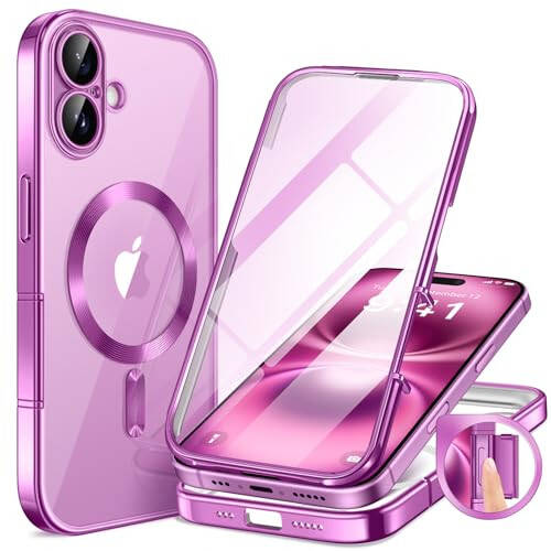 BERFY Magnetic for iPhone 16 Case, Compatible with Magsafe, Built-in 9H Tempered Glass Screen Protector & Upgraded Camera Protection, Full Body Plating Shockproof Phone Case for 16 6.1