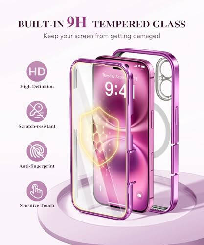 BERFY Magnetic for iPhone 16 Case, Compatible with Magsafe, Built-in 9H Tempered Glass Screen Protector & Upgraded Camera Protection, Full Body Plating Shockproof Phone Case for 16 6.1