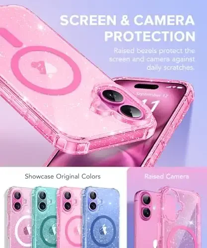 BERFY Magnetic for iPhone 16 Case, [Compatible with Magsafe], with Screen Protector + Camera Lens Protector, [Non-Yellowing] Clear Sparkly Shockproof Hard Phone Case for Women 6.1