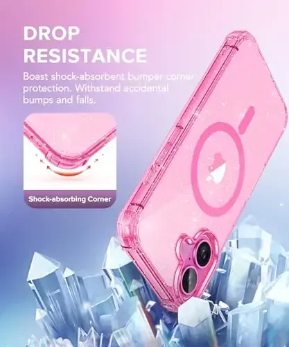 BERFY Magnetic for iPhone 16 Case, [Compatible with Magsafe], with Screen Protector + Camera Lens Protector, [Non-Yellowing] Clear Sparkly Shockproof Hard Phone Case for Women 6.1