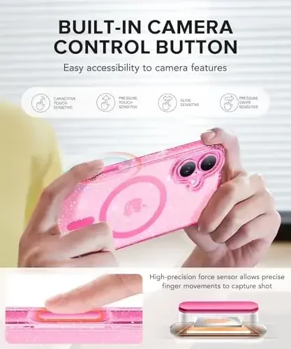 BERFY Magnetic for iPhone 16 Case, [Compatible with Magsafe], with Screen Protector + Camera Lens Protector, [Non-Yellowing] Clear Sparkly Shockproof Hard Phone Case for Women 6.1