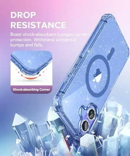 BERFY Magnetic for iPhone 16 Case, [Compatible with Magsafe], with Screen Protector + Camera Lens Protector, [Non-Yellowing] Clear Sparkly Shockproof Hard Phone Case for Women 6.1