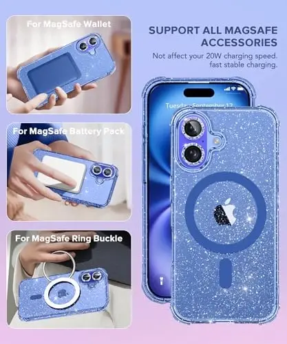 BERFY Magnetic for iPhone 16 Case, [Compatible with Magsafe], with Screen Protector + Camera Lens Protector, [Non-Yellowing] Clear Sparkly Shockproof Hard Phone Case for Women 6.1