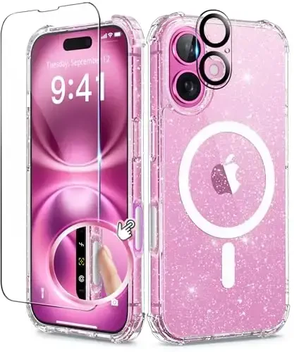 BERFY Magnetic for iPhone 16 Case, [Compatible with Magsafe], with Screen Protector + Camera Lens Protector, [Non-Yellowing] Clear Sparkly Shockproof Hard Phone Case for Women 6.1
