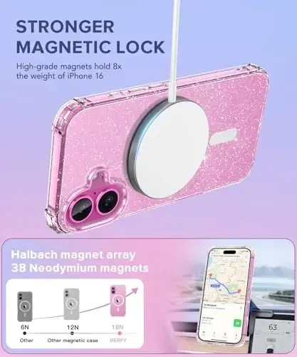 BERFY Magnetic for iPhone 16 Case, [Compatible with Magsafe], with Screen Protector + Camera Lens Protector, [Non-Yellowing] Clear Sparkly Shockproof Hard Phone Case for Women 6.1