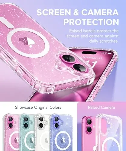 BERFY Magnetic for iPhone 16 Case, [Compatible with Magsafe], with Screen Protector + Camera Lens Protector, [Non-Yellowing] Clear Sparkly Shockproof Hard Phone Case for Women 6.1