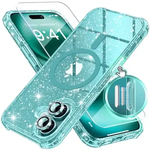 BERFY Magnetic for iPhone 16 Case, [Compatible with Magsafe], with Screen Protector + Camera Lens Protector, [Non-Yellowing] Clear Sparkly Shockproof Hard Phone Case for Women 6.1