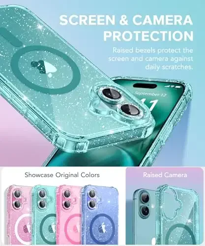 BERFY Magnetic for iPhone 16 Case, [Compatible with Magsafe], with Screen Protector + Camera Lens Protector, [Non-Yellowing] Clear Sparkly Shockproof Hard Phone Case for Women 6.1