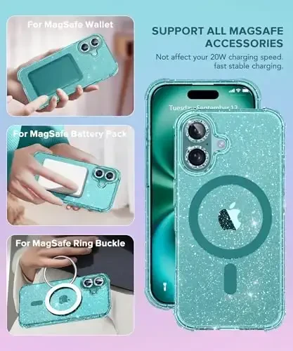 BERFY Magnetic for iPhone 16 Case, [Compatible with Magsafe], with Screen Protector + Camera Lens Protector, [Non-Yellowing] Clear Sparkly Shockproof Hard Phone Case for Women 6.1