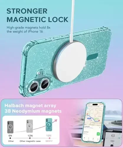BERFY Magnetic for iPhone 16 Case, [Compatible with Magsafe], with Screen Protector + Camera Lens Protector, [Non-Yellowing] Clear Sparkly Shockproof Hard Phone Case for Women 6.1