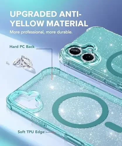 BERFY Magnetic for iPhone 16 Case, [Compatible with Magsafe], with Screen Protector + Camera Lens Protector, [Non-Yellowing] Clear Sparkly Shockproof Hard Phone Case for Women 6.1