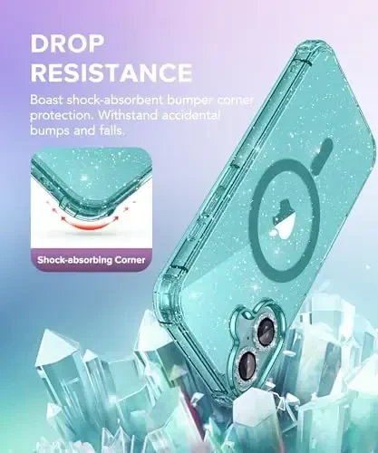 BERFY Magnetic for iPhone 16 Case, [Compatible with Magsafe], with Screen Protector + Camera Lens Protector, [Non-Yellowing] Clear Sparkly Shockproof Hard Phone Case for Women 6.1