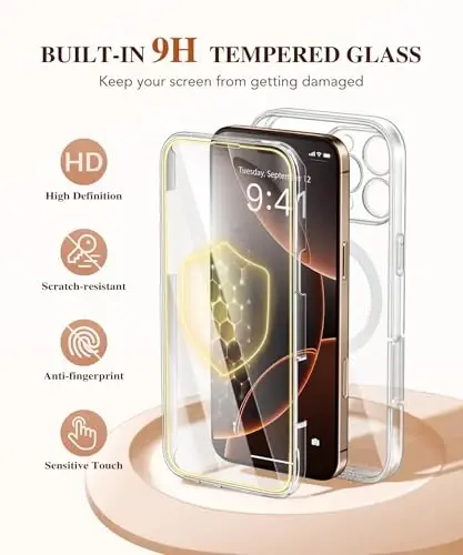 BERFY uchun iPhone 16 Pro Max g‘ilofi, MagSafe bilan mos keladi, o‘rnatilgan oyna ekran himoyasi, kamera himoyasi, zarbaga chidamli to‘liq tana telefon g‘ilofi 6.9