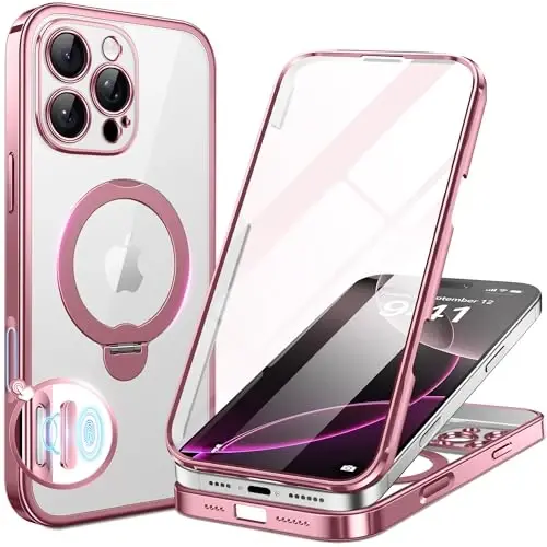 BERFY uchun iPhone 16 Pro Max g‘ilofi, MagSafe bilan mos keladi, o‘rnatilgan shisha ekran himoyachisi, magnit stendli 16 Pro Max uchun zarbaga chidamli to‘liq korpusli telefon g‘ilofi, tiniq pushti 