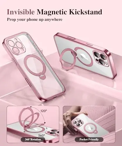 BERFY uchun iPhone 16 Pro Max g‘ilofi, MagSafe bilan mos keladi, o‘rnatilgan shisha ekran himoyachisi, magnit stendli 16 Pro Max uchun zarbaga chidamli to‘liq korpusli telefon g‘ilofi, tiniq pushti - 2