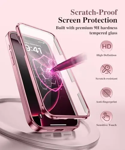BERFY uchun iPhone 16 Pro Max g‘ilofi, MagSafe bilan mos keladi, o‘rnatilgan shisha ekran himoyachisi, magnit stendli 16 Pro Max uchun zarbaga chidamli to‘liq korpusli telefon g‘ilofi, tiniq pushti - 3