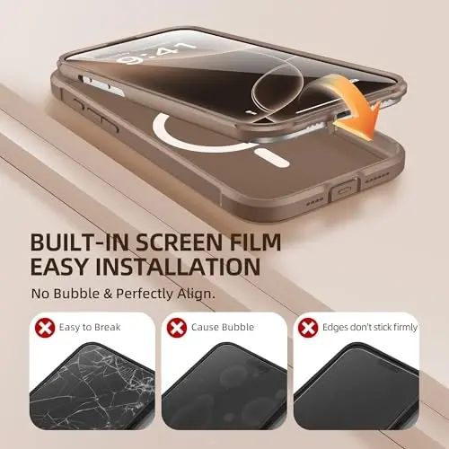 BERFY uchun iPhone 16 Pro Max g‘ilofi, MagSafe bilan mos keladi, o‘rnatilgan shisha ekran himoyasi, kamera himoyasi, zarbaga chidamli to‘liq tana telefon g‘ilofi 6.9
