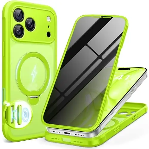BERFY uchun iPhone 17 Pro g‘ilofi, MagSafe bilan mos keladi, o‘rnatilgan maxfiylik ekran himoyasi, magnit stendli 17 Pro uchun zarbaga chidamli to‘liq tana telefoni g‘ilofi, shaffof och yashil 